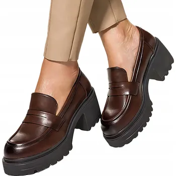 Dámské mokasíny Hnědé polobotky MOKASÍNY na blokovém podpatku s platformou a vzorkem, vel. 38