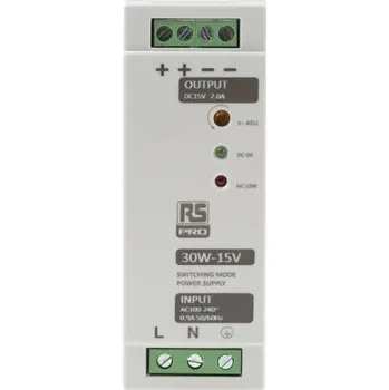 spínaný zdroj RS PRO Spínaný Napájecí zdroj na lištu DIN, počet výstupů: 1, výstup: 15V dc, 2A, vstupní: 230V ac,30W
