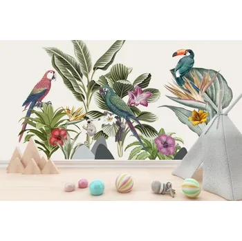 Samolepící dekorace Nálepka na zeď s tropickými listy a zvířaty 80 x 160 cm