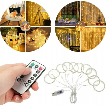 Vánoční dekorace Světelný závěs 300 LED USB 3x3m dálkový ovladač časovač teplá bílá IP44 háčky