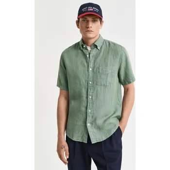 Pánské oblečení KOŠILE GANT REG GMNT DYED LINEN SS SHIRT KALAMATA GREEN
