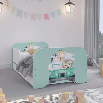 Dětská postel Nádherná dětská postel 160 x 80 cm s mentolovým čelem a safari zvířátky