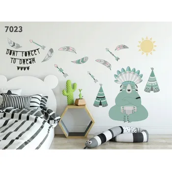 Samolepící dekorace Pastelově zelená nálepka na zeď medvěd indián 50 x 100 cm