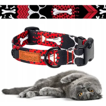 Obojek pro psa Nastavitelný obojek HRUBĚ TKANÁ pro kočky s motivem, velikost 30-36 cm, Ukory ČERVENÁ