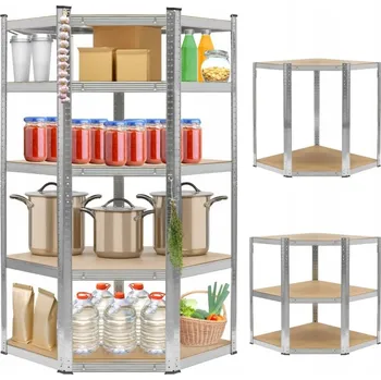 Dílenský regál Rohový kovový regál do skladu stříbrný 5 polic 2v1 180x90x90x40 cm