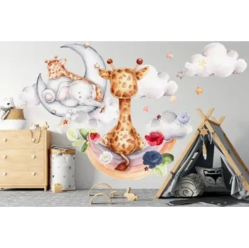 Samolepící dekorace Nálepka na zeď se slůníkem a žirafou v oblacích 60 x 120 cm
