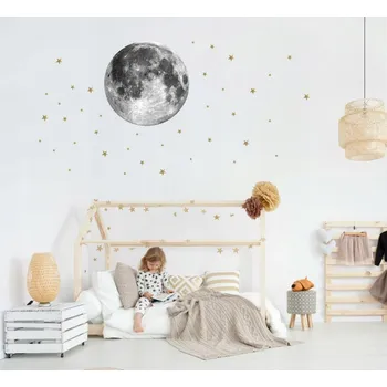 Samolepící dekorace Originální nálepka na zeď měsíc a zlaté hvězdy 45 cm