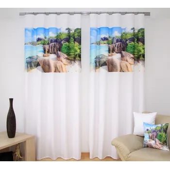 Závěs Hotové závěsy béžovo krémové barvy s motivem sluneční pláže Šířka: 160 cm | Délka: 250 cm (v sadě jsou 2 kusy)