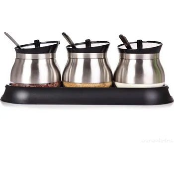 Dóza na potraviny BOROSIL | Sada 3 ks 280 ml skleněných dóz na potraviny a koření s víčkem, nerez lžičkami a podstavcem | černá