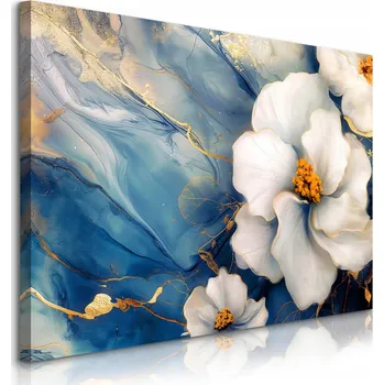 Obraz OBRAZ DO OBÝVÁKU BÍLÉ KVĚTY MODRÝ MRAMOR GLAMOUR ABSTRAKCE 30x20