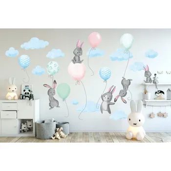 Samolepící dekorace Modrá nálepka na zeď do dětského pokoje létající zajíci s balony 80 x 160 cm