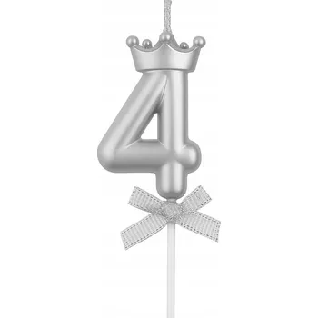 Dortová svíčka Svíčka ČÍSLICE 4 stříbrná - svíčky na dort k narozeninám číslice 6cm