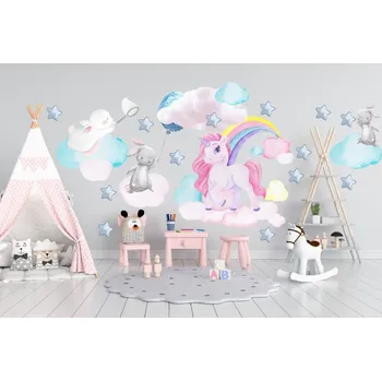 Samolepící dekorace Nálepka na zeď pro dívky jednorožec a zajíčky na obloze 50 x 100 cm