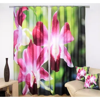 Závěs Závěsy na okna zelené barvy s růžovými květy Šířka: 160 cm | Délka: 250 cm (v sadě jsou 2 kusy)