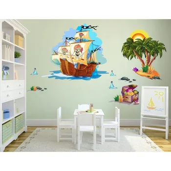 Samolepící dekorace Barevná dekorační nálepka na zeď pirátská loď s pokladem 100 x 200 cm