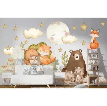 Samolepící dekorace Nálepka na zeď pro děti lesní zvířátka a noční obloha 60 x 120 cm