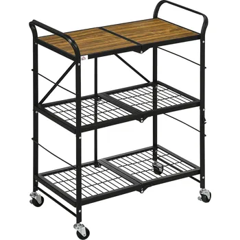 Servírovací stolek HOMCOM Kuchyňský vozík skládací, servírovací vozík se 3 úrovněmi a madlem, na 4 kolečkách, ocel, hnědá+černá| Aosom