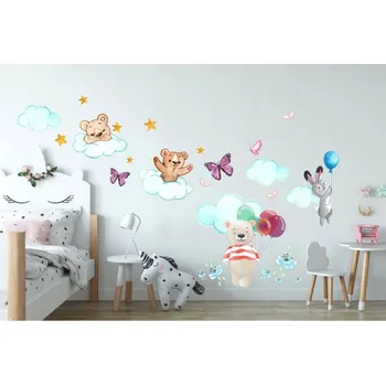 Samolepící dekorace Nadčasová dětská nálepka na zeď s medvídkem a zajíčky 100 x 200 cm