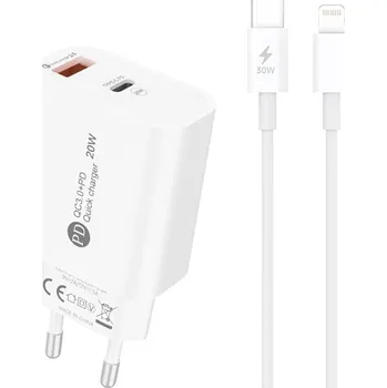 Hurtel A6MaxL 20W USB-A USB-C nabíječka do zásuvky s 1m kabelem USB-C - Lightning - bílá