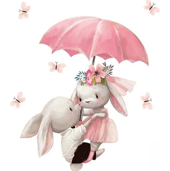Samolepící dekorace Nálepka na zeď pro holčičku zajíčci s deštníkem