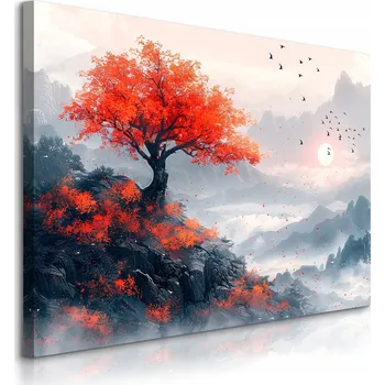 Obraz OBRAZ NA PLÁTNĚ KRAJINA HORY V MLZE PTÁCI JAPONSKÝ STYL PŘÍRODA 70x50