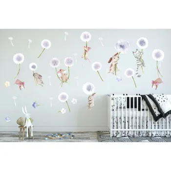 Samolepící dekorace Rozkošná dětská nálepka na zeď zvířátka na pampeliškách 60 x 120 cm