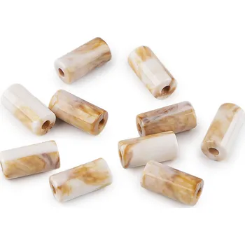 Korálek Plastové korálky váleček imitující mramor 11x22 mm, barva béžovobílá