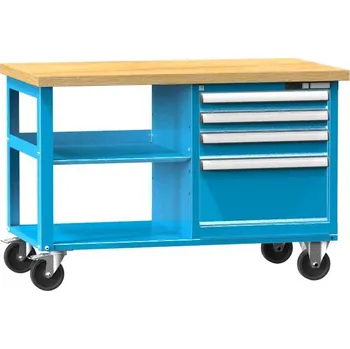 Dílenský stůl Mobilní pracovní stůl 1200 x 700 mm, nosnost 380 kg, 1 x police, 4 x zásuvka, barva modrá RAL5012