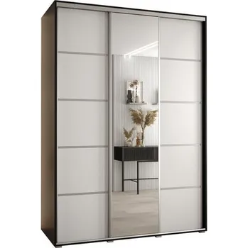 Šatní skříň Šatní skříň s posuvnými dveřmi a zrcadlem DAVOS 5, 180cm | Černá / bílá / stříbrné pojezdy