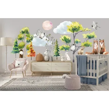 Samolepící dekorace Nálepka na zeď pro děti lesní zvířátka ve svém přirozeném prostředí 50 x 100 cm