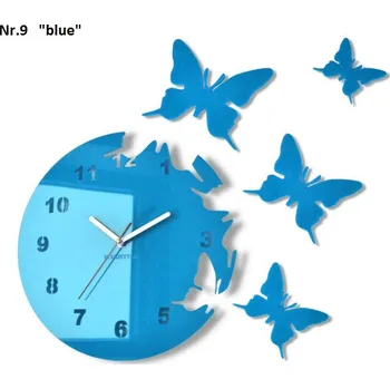 Hodiny Nalepovací hodiny na zeď s motivem motýlů modrá