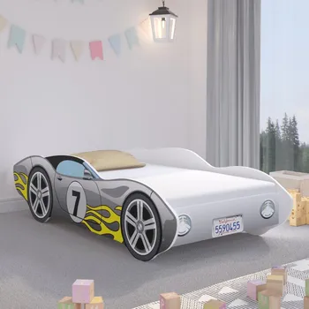 Dětská postel Unikátní dětská postel 140 x 70 cm ve stylu šedého závodního auta s efektními plameny