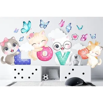 Samolepící dekorace Nálepka na zeď pro dívky koťata s nápisem LOVE 60 x 120 cm
