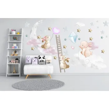 Samolepící dekorace Růžová nálepka na zeď s roztomilými zajíčky 80 x 160 cm