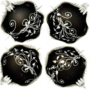 Vánoční ozdoba Irisa Kolekce "Noční elegance" – černé vánoční koule se stříbrným dekorem, sada 4 ks (7 cm)