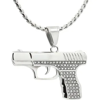 Přívěsek Přívěsek Pistol z nerezové oceli s krystaly a s řetízkem - Nerez SL