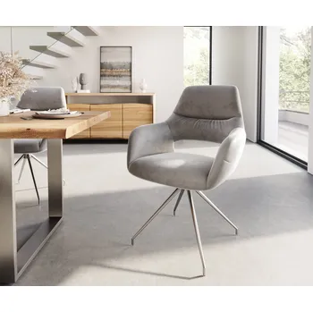 Jídelní židle DELIFE Jídelní židle Yago-Flex s područkami samet šedá křížová podnož zúžená nerezová ocel taštičkové pružiny