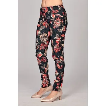 Dámské kalhoty Úzké antracitové dámské kalhoty s květy 823 délka normální velikost S