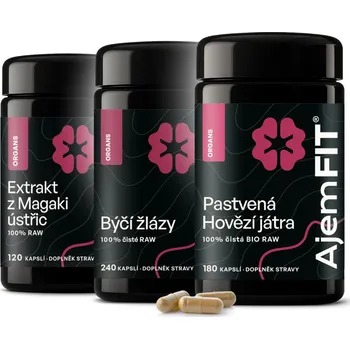 AjemFIT Balíček pro Špičkový Výkon - 100% ČISTÉ RAW BÝČÍ ŽLÁZY - 80/240 kapslí (28g/84g) + 100% ČISTÁ BIO RAW HOVĚZÍ JÁTRA - 60/180 kapslí (30g/90g) + 100% ČISTÝ EXTRAKT Z ÚSTŘIC MAGAKI (Japonsko) - 120 kapslí (36g)