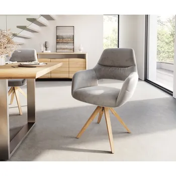 Jídelní židle DELIFE Jídelní židle Yago-Flex s područkami samet šedá dřevěná podnož hranatá přírodní taštičkové pružiny