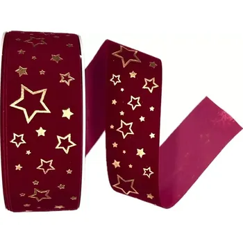 Stuha Stuha vánoční sametová VELUTTO STARS BURGUNDY bordó 25mm x 2m (12,-Kč/m) (Stuha vánoční, sametová, bordó, jednostranný zlatý potisk)