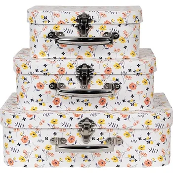 Úložný box Sada 3 ks bílých úložných kufříků s červenými a žlutými květy – 30x22x9/25x20x9/20x17x8 cm