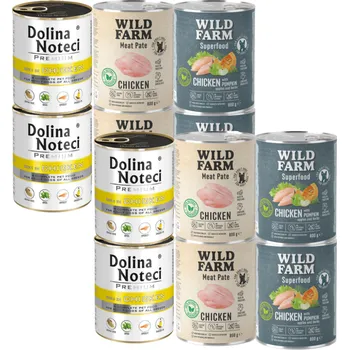 Krmivo pro psa DOLINA NOTECI Premium Bohatá na kuřecí 4x800g + WILD FARM Pate Chicken 4x800g + WILD FARM Superfood Chicken 4x800g4