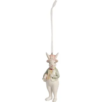 Závěsná ozdoba gentleman zajíc s knihou v zeleném sáčku a růžovém klobouku – 10 cm