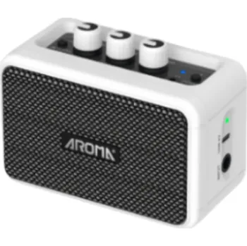 Mini kytarový zesilovač bezdrátový s Bluetooth, ovládáním Gain/Tone/Volume, 3,5mm jack pro sluchátka a USB-C nabíjení 12,5 x 6,5 x 9 cm bílá