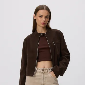 Dámský kabát Reserved - Zkrácená bunda z umělého semiše - tmavě hnědá - YM945-89X - YM945-89X-XS