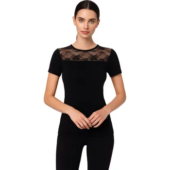 Dámské tričko Jadea - Bavlněné tričko s krajkou ve výstřihu - černá/M