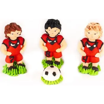 Jedlá dekorace na dort Cukrová figurka fotbalisté červení 3ks a kopačák - K Decor