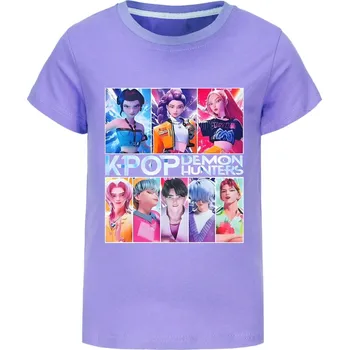 Dívčí tričko KPop Demon Hunters (Lovkyně démonů) KPop Demon Hunters bavlněné tričko s potiskem postav Barva: Fialová, Velikost: 150
