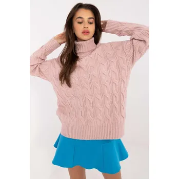 Dámský svetr Rolákový svetr s ažurovým vzorem model 44500 pudrově růžový